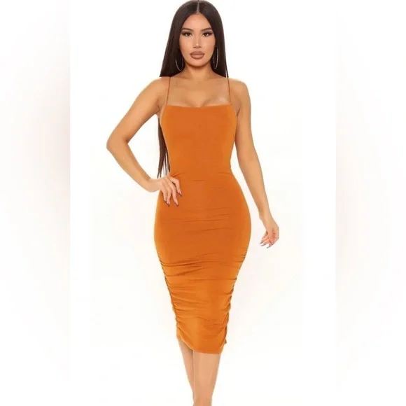 rust ruched midi dress Reiss Jersey Ruched Midi Dress in Rust